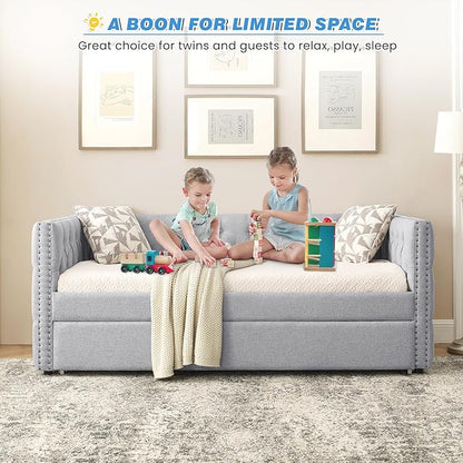 Antetek Daybed with Trundle, Upgraded Linen Upholstered Twin Size Day Bed Button-Tufted Sofa Daybed Frame with A Trundle,No Box Spring Needed,Furniture for Bedroom Living Room (Light Grey, Twin)