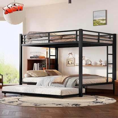 Upgraded Version Thicken Metal Heavy-Duty Queen Over Queen Bunk Bed with Trundle, Best Modern Style Stronger Queen Size Bunk Bed Frame with Ladder for Adults, Easy Assembly (Queen with Trundle)