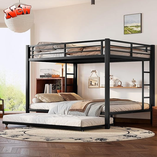 Upgraded Version Thicken Metal Heavy-Duty Queen Over Queen Bunk Bed with Trundle, Best Modern Style Stronger Queen Size Bunk Bed Frame with Ladder for Adults, Easy Assembly (Queen with Trundle)