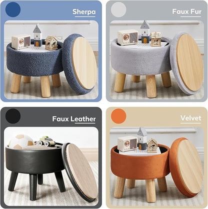 FIMIVIBI Small Foot Stool Ottoman with Storage, Velvet Ottoman Foot Rest for Couch, Round Footstool with Storage, Small Ottomans and Footstools for Living Room and Entryway (Orange)