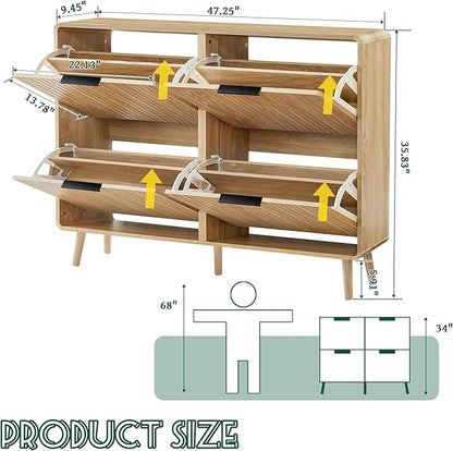47" Fluted Large Shoe Cabinet with 4 Flip Drawers, Slim Freestanding Shoe Cabinet Organizer, Narrow Shoes Storage Rack for Entryway, 5 Sturdy Legs (All Natural, 9.45" D x 47.24" W x 35.83" H)