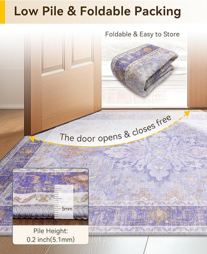 Area Rugs 6ft Washable Non-Slip, Floral Vintage Distress Print Pattern Medallion Carpet for Living Room Bedroom Dining Room, Light Purple Brown