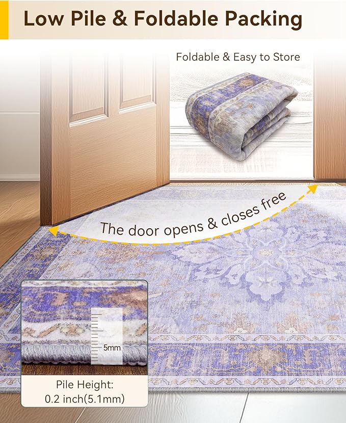 Area Rugs 2'x3' Washable Non-Slip, Floral Vintage Distress Print Pattern Medallion Carpet for Living Room Bedroom Dining Room, Light Purple Brown