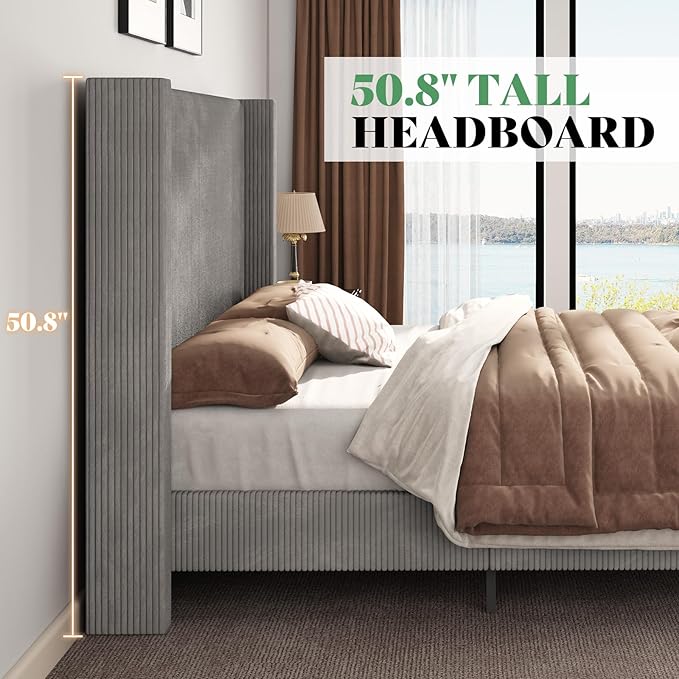 AMERLIFE King Size Upholstered Bed Frame with 50.8" Tall Headboard, Wingback Platform Bed with Solid Wood Legs, Wooden Slats, Corduroy/No Box Spring Needed/Noise Free/Greige