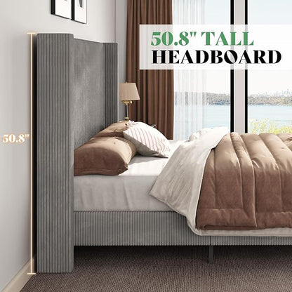 AMERLIFE King Size Upholstered Bed Frame with 50.8" Tall Headboard, Wingback Platform Bed with Solid Wood Legs, Wooden Slats, Corduroy/No Box Spring Needed/Noise Free/Greige