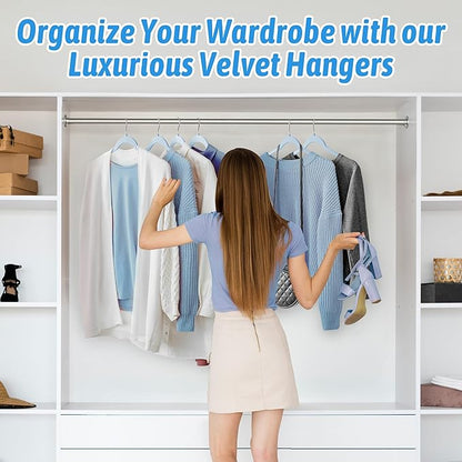 30 Pack Velvet Hangers – Premium Non-Slip Slim Clothes Hangers with 360° Swivel Hook, Space-Saving Flocked Shirt Hangers for Coats, Dresses, Blouses, Suits(Blue)