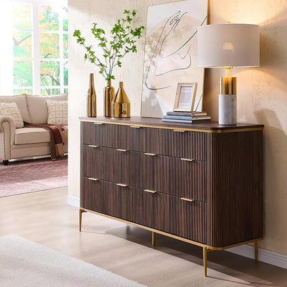T4TREAM Fluted 7 Drawers Dresser for Bedroom, 54" Wide Modern Dresser TV Stand, Gold Accents, Fluted Fronts, Wood Storage Dressers Organizer for Bedroom, Living Room, Dark Walnut