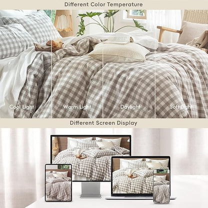 MooMee Gingham Duvet Cover Set 100% Washed Cotton Linen Like Textured Breathable Durable Soft Comfy Modern Checkered Design (Buffalo Plaid Tannish Linen Grey, Palatial King/Oversized King 120"x98")