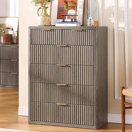 LEYAOYAO Fluted 6 Drawers Dresser for Bedroom, 42" Tall Modern Chest of Drawers with Metal Handle, Curved Profile Design,Grey Wood Drawer Organizer for Bedroom, Living Room, Hallway, Entryway