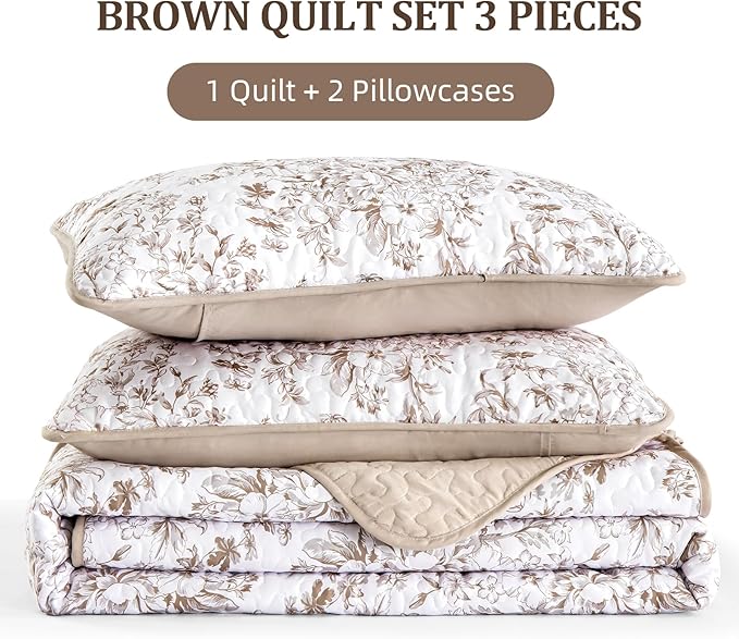 WONGS BEDDING California King Quilt Sets, Brown Quilt Bedding Set with 2 Pillowcases, Botanical Quilt for Cal King Bed, Soft Microfiber Lightweight Coverlet Bedspread for All Season (112"×96")