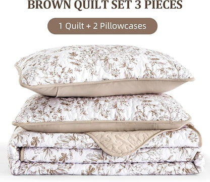 WONGS BEDDING California King Quilt Sets, Brown Quilt Bedding Set with 2 Pillowcases, Botanical Quilt for Cal King Bed, Soft Microfiber Lightweight Coverlet Bedspread for All Season (112"×96")