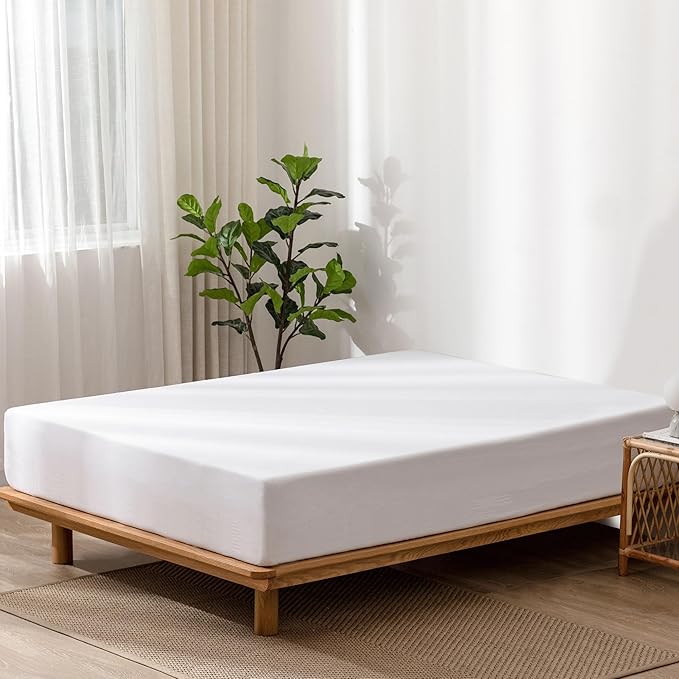 MooMee Fitted Bottom Sheet Only 100% Washed Cotton Linen Like Breathable Textured Durable Soft Comfy Deep Pocket Fits Mattress up to 17" (Bright White, King)