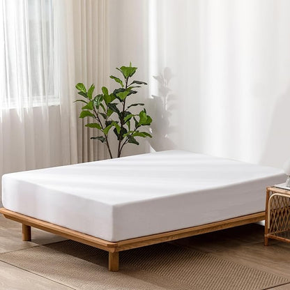 MooMee Fitted Bottom Sheet Only 100% Washed Cotton Linen Like Textured Breathable Durable Soft Comfy Deep Pocket Fits Mattress up to 17" (Bright White, California King)