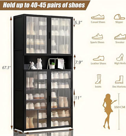 Tall Shoe Cabinet with Clear Doors, Large Capacity Bamboo Shoe Cabinet, 40-45 Pairs Shoe Rack Organizer for Closet Entrance, Hallway, Living Room, Bedroom