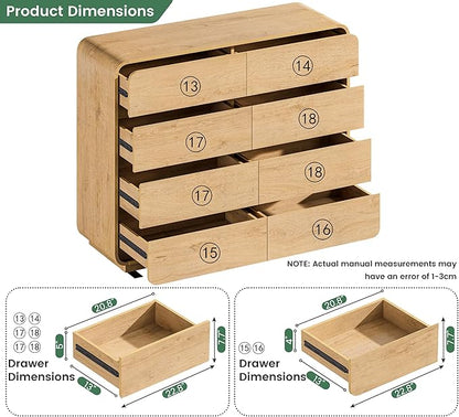 Chest of Dressers with 8 Drawers, 47’’ Wide Dresser with Anti-Tipping Device, Clothes Organizer for Bedroom, Natural Drawer Closet with Arc Design.