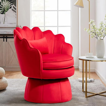 360° Swivel Accent Chair, Mid-Century Modern Velvet Barrel Chair, Comfy Shell Shape Arm Chair with Lumbar Pillow for Living Room, Bedroom, Office, Rose Red