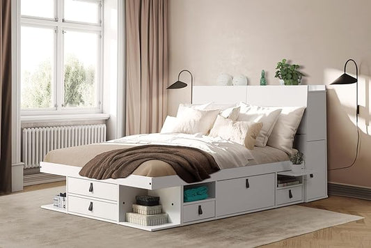 memomad Bali Set: Storage Platform Bed with Drawers + Bookcase Headboard (Full Size, White Wood)