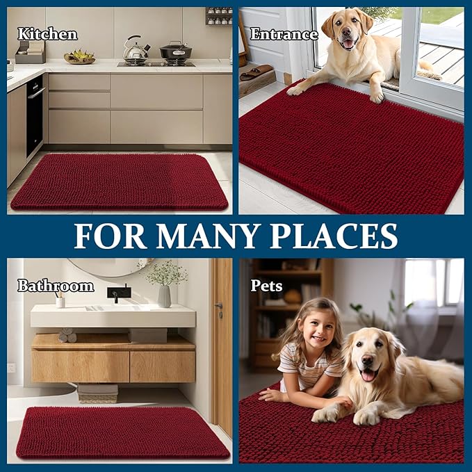 OLANLY Dog Door Mat for Muddy Paws 59x20, Absorbs Moisture and Dirt, Absorbent Non-Slip Washable Doormat, Quick Dry Chenille Mud Mat for Dogs, Entry Indoor Entryway Carpet for Inside Floor, Red