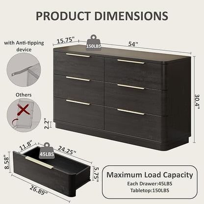 6 Drawer Dresser for Bedroom, 54" Wide Modern Chest of Drawers with Metal Handle, Curved Profile Design, Wooden Black Dresser Closet Clothes Storage TV Stand for Living Room, Hallway