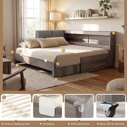 Corner Bed Frame with Trundle and Bookcase Upholstered Headboard, 3-in-1 Twin Size Wood Daybed with Extendable Bed, LED Lights and Charging Station, for Bedroom, Guest Room, Grey
