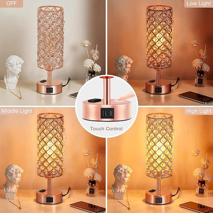 Hong-in Rose Gold Lamp Set of 2, 3-Way Crystal Table Lamp Touch Control with USB-C+A & AC Ports, Dimmable Nightstand Desk Light, Pink Bedside Table Lamp for Bedroom(Bulb Included & Set of 2)