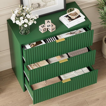 Green Dresser for Bedroom, Modern Dresser with 3 Drawers and Smooth Slides, Wide Chest of Drawers with Golden Handles for Bedroom, Living Room, Closet, 15.7" D x 31.5" W x 29.6" H