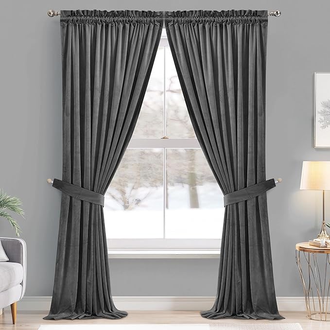 StangH Super Soft Thick Thermal Insulated Velvet Curtains Rod Pocket Room Darkening Privacy Window Treatment Drapes Short Curtains for Bedroom/Dining Room, Grey, W52 x L72, 2 Panels