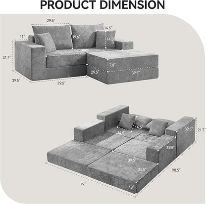 Boneless Sectional Loveseat Couch with Ottoman, Convertible Modular Floor Sleeper Sofa Bed, Comfy Foldable Compression Love Seat Sofa for Living Room, No Assembly, Light Grey