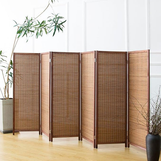 6 Panel Short Room Divider Screen,Brown Freestanding Partition,Small Bamboo Panel Divider for Room Seperation,3.95 FT Tall