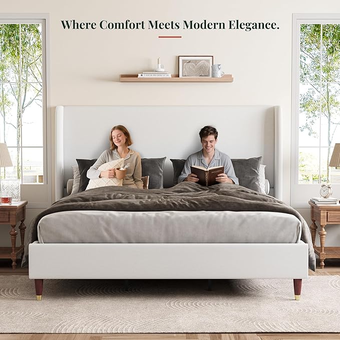 Jocisland King Upholstered Platform Bed Frame with 51.2" Tall Wingback Headboard–Solid Wood Legs, No Box Spring Needed, White Linen–Modern Style for Any Bedroom