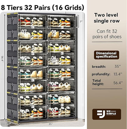 32 Pairs Portable Shoe Storage Cabinent of 3-Step Fast Installation,Plastic Shoe Box with Magnetic Clear Door for Entryway, Enclosed Shoe Rack for Sneaker, Heels etc.. (2Row, 8Tier)