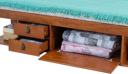 memomad Bali Storage Platform Bed with Drawers (King Size, Caramel Brown Wood)