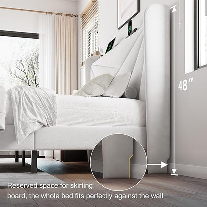 Queen Size Upholstered Bed Frame with Charging Station, Platform Bed Frame with Storage Headboard, Solid Wood Slats Support, No Box Spring Needed, White