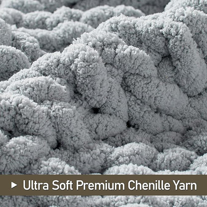Chunky Knit Throw Blanket 50"X 60", 100% Handmade with Soft Chenille Yarn, 4.4lbs Thick Cable Knitted Blankets, Large Rope Knot Crochet Throws for Couch Sofa Bed Home Decor, Light Grey