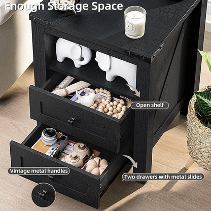 Joaxswe Night Stands with Charging Station Set of 2, Farmhouse Nightstand, Wooden Bedside End Tables with 2 Drawers and Open Shelf, Bed Side Table for Bedroom, Living Room, Closet, Office (Black)