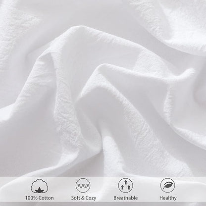 MooMee Fitted Bottom Sheet Only 100% Washed Cotton Linen Like Breathable Textured Durable Soft Comfy Deep Pocket Fits Mattress up to 17" (Bright White, King)