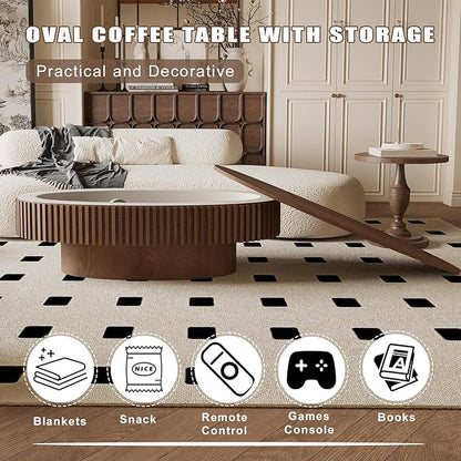 Oval Coffee Table with Storage, Modern Walnut Coffee Table with Solid Wood Veneered, Fluted Center Table Wood Drum Tea Table for Living Room Apartment, 47.2''L×23.6''W×14.2''H