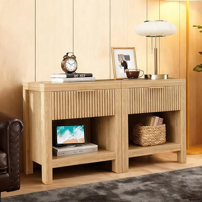 Nightstand Set of 2, End Table with 2 Drawers, Modern Bed Side Table with Storage, Farmhouse Fluted Cabinet Bedside Cabinet for Bedroom Living Room Sofa Couch Office Natural Oak