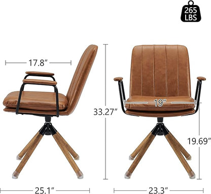Art Leon Desk Chair No Wheels, Set of 2, Mid Century Modern Swivel Chair with Oak Wood Legs, Faux Leather Home Office Desk Chairs for Bedroom Living Room, Yellow Brown