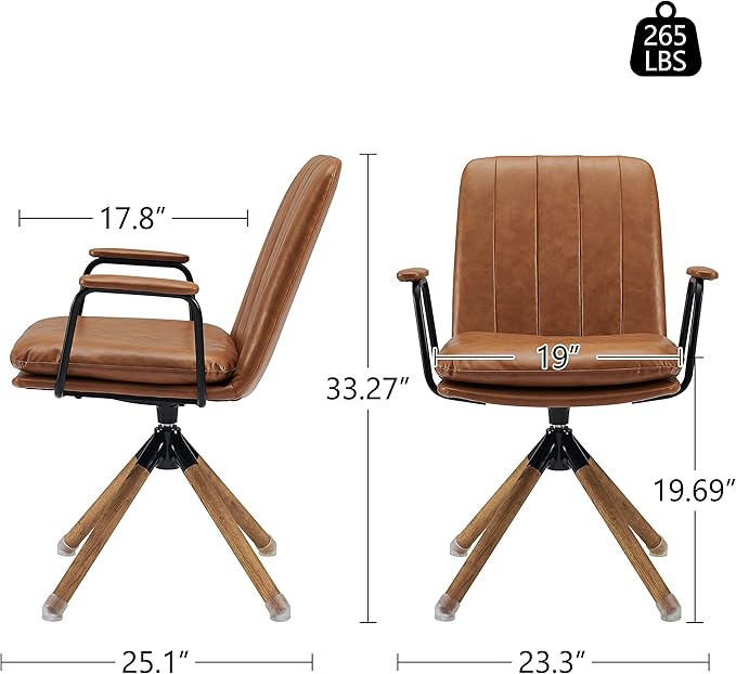 Art Leon Mid Century Modern Chair, Oak Legs Swivel Accent Chair No Wheels, Faux Leather Armchair for Small Spaces Home Office Living Room Bedroom, Yellow Brown