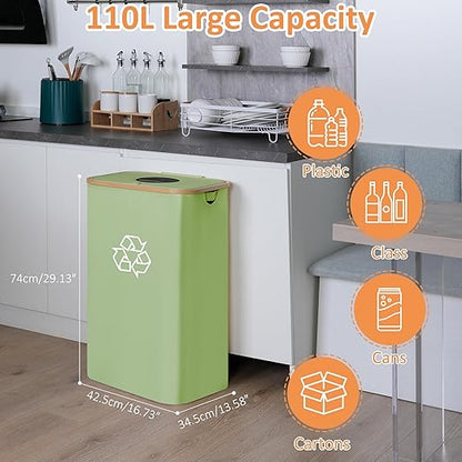 iEGrow 29 Gallons Recycling Bins for Kitchen, Indoor Recycle Bins with Lid, 110L Large Recycle bin with 2 Removeable Reusable Inner Bags, for Bottles Cans Glass Plastice Cartons(Green)
