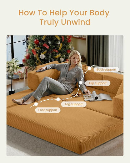 78.8" Convertible Futon Sofa Bed,Corduroy Futon Couch with Storage Pocket,Folding Pull Out Sofa,No Assembly Boneless Couch for Living Room,Yellow