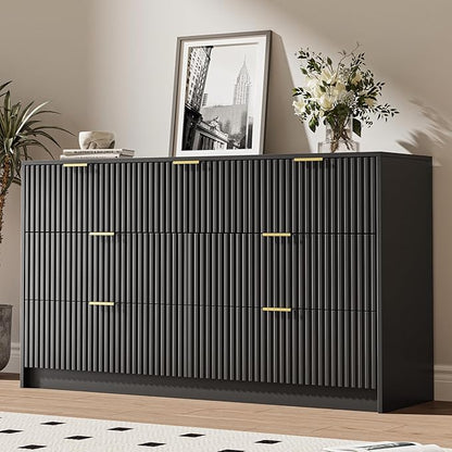 Black 7 Drawer Dresser for Bedroom, 55.9" Wide Modern Fluted Dresser with Gold Metal Handles, Wide Chest of Drawers for Bedroom, Living Room, Entryway, Hallway