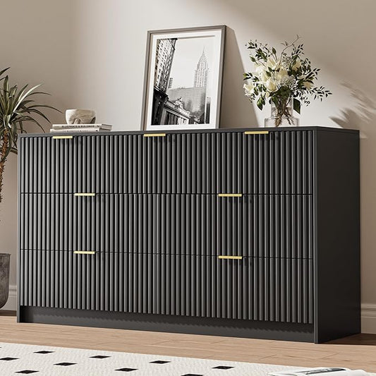 Black 7 Drawer Dresser for Bedroom, 55.9" Wide Modern Fluted Dresser with Gold Metal Handles, Wide Chest of Drawers for Bedroom, Living Room, Entryway, Hallway