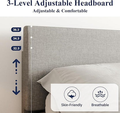 Allewie King Size Platform Bed Frame with Adjustable Upholstered Headboard, Strong Wood Slats, Heavy Duty Mattress Foundation, No Box Spring Needed, Noise-Free, Easy Assembly, Light Grey