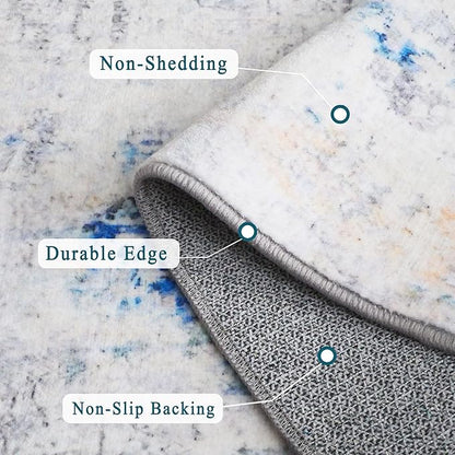 vivorug 9x12 Area Rugs for Living Room, Non Slip Machine Washable Modern Abstract Rug, Ultra-Thin Lightweight Large Area Rug for Bedroom, Dining Room, Low Pile, Blue Ivory Yellow