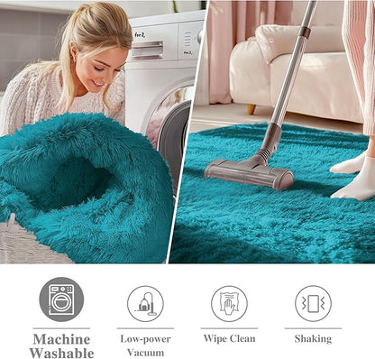 OLANLY Teal Round Rugs for Bedroom - Machine Washable, 7 ft Circle Area Rugs for Living Room, Soft and Fluffy Shaggy Carpet for Teen Girl and Boys, Nursery Rooms, Dorms, Home Decor Aesthetic