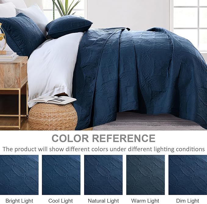 Yiran Navy Blue Quilt Set King Size Lightweight Bedspread Embossed Pattern Soft Microfiber Coverlet for All Season with 2 Pillow Shams (106"x96")