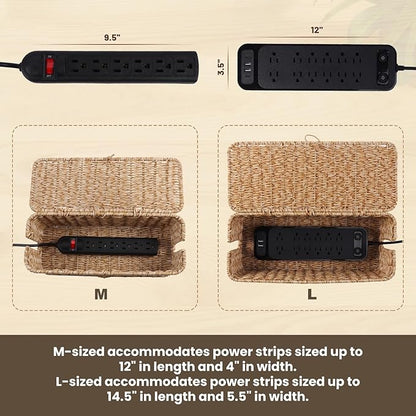 BROWNLILY Cable Management Box, Rattan Style Cord Organizer for Desk Cord Hider Outlet Covers Baby Proofing for Power Strip TV PC Router Charger Under Desk Storage with Lockable Lid and Cable Ties