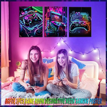 Game Room Decor Posters Set of 3 - Neon Gaming Accessories Theme Canvas Wall Art, Gamer Console Paintings Picture Wall Decor for Children Youth Boys Bedroom 12x16 inch Unframed